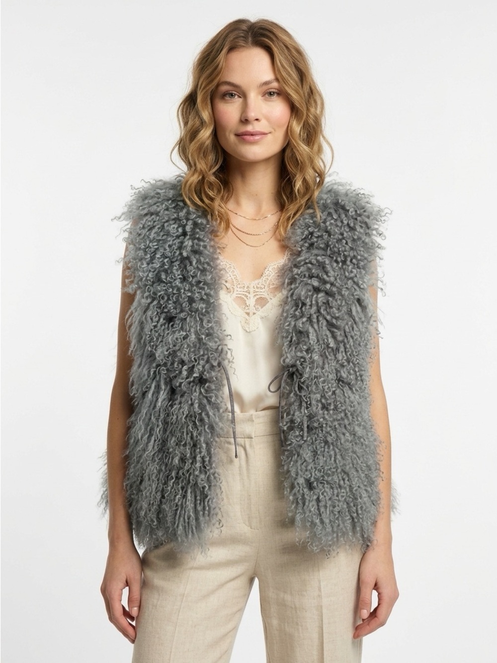 Curly Mongolian Lamb Fur Suede Tie Front Vest Blue Gray M